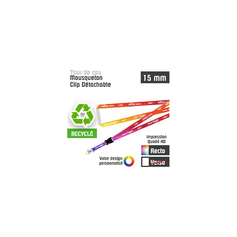 Tour de Cou Recyclé Mousqueton J+20 Clip Détachable