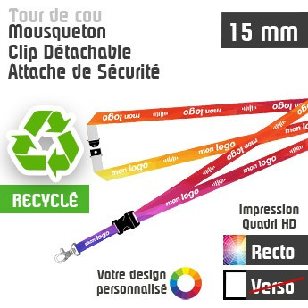 Tour de Cou Recyclé Mousqueton J+20 Clip et Attache