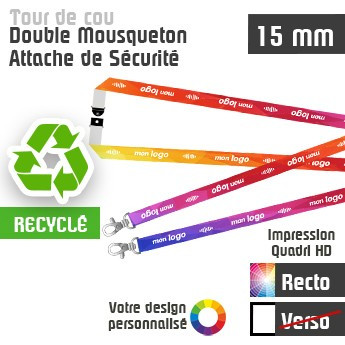 Tour de Cou Recyclé Double Mousqueton J+20 Attache de Sécurité