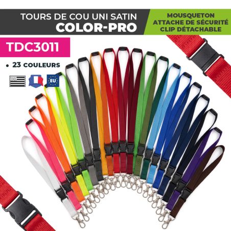 Tour de Cou Uni Color-PRO | Mousqueton + Attache de sécurité + Clip détachable